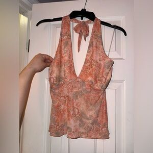 Y2K Paisley Print Halter Top - Coral & Sage Green NWOT